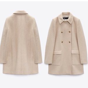 New Authentic  Woman Zara Wool Blend Coat with Gold Buttons Sand Medium
